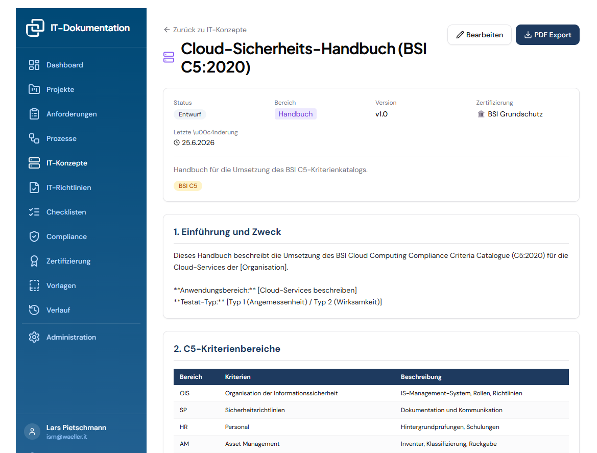 Übersicht der Fachkonzept-Management-Anwendung mit Seitennavigation und IT-Konzept-Detailansicht